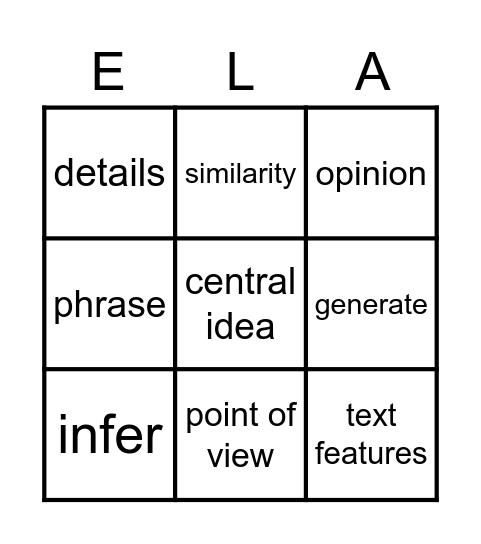 AIR Test Vocabulary Bingo Card