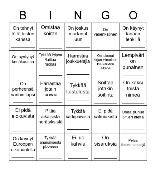 Tutustumisbingo Card