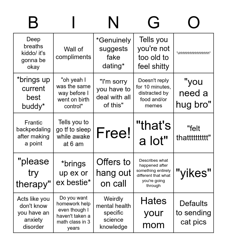 Avery's Dumb Advice Bingo Card