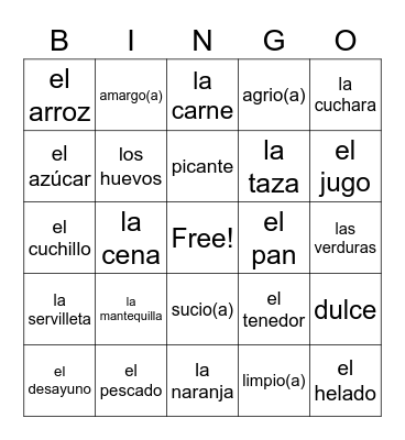 Sp1 U4 la comida Bingo Card