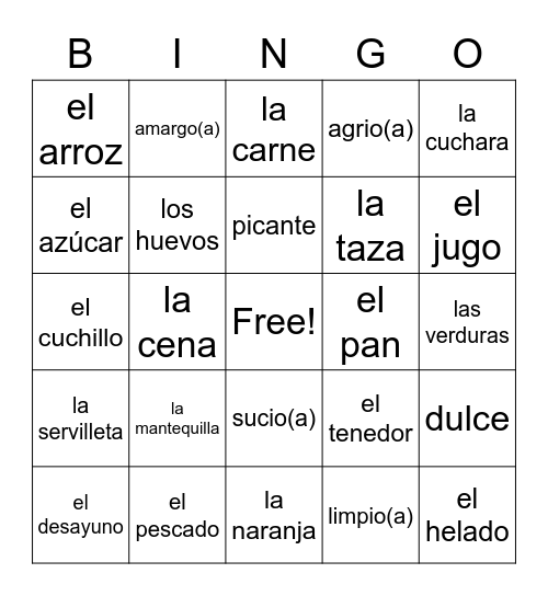 Sp1 U4 la comida Bingo Card