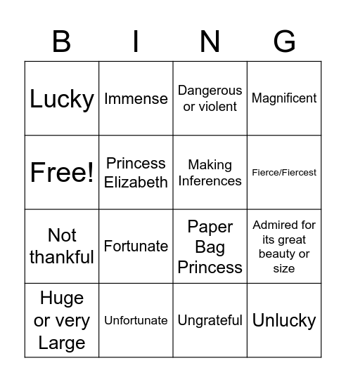 Paper Bag Princess BING Bingo Card