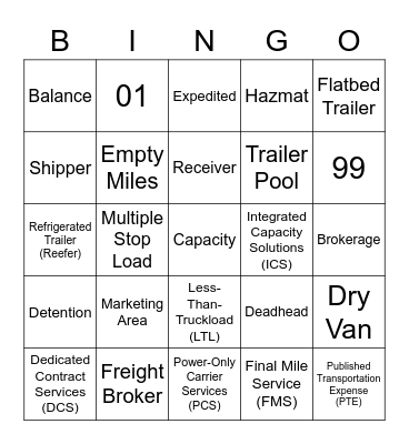 Transportation Terms Bingo Card