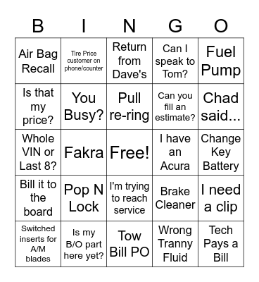 Parts Dept. Bingo! -- BONUS FIVE Bingo Card