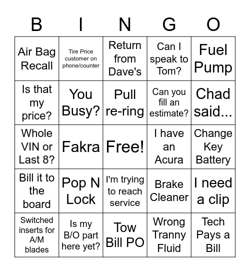Parts Dept. Bingo! -- BONUS FIVE Bingo Card