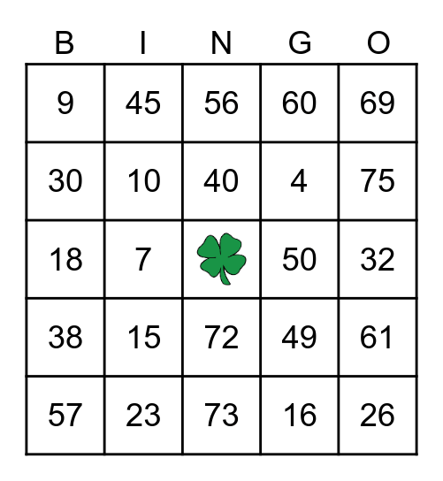 St Patrick's Day Bingo Card