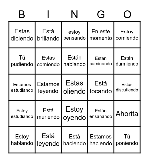 Español Presente Progresivo Bingo Card