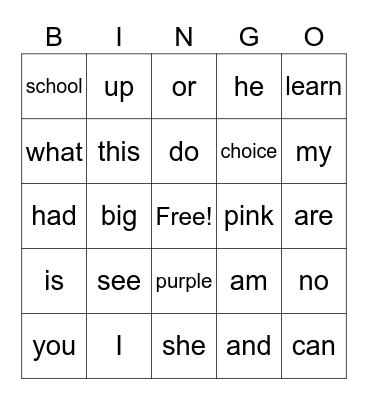 sight words Bingo Card