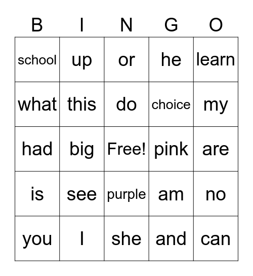 sight words Bingo Card