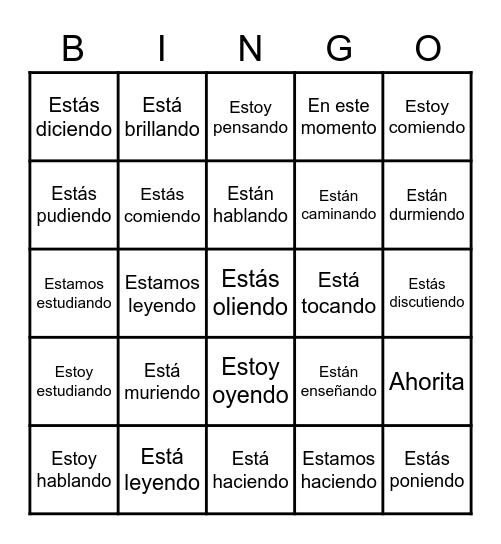Español Presente Progresivo Bingo Card