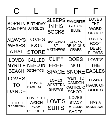 CLIFF FREE SPACE Bingo Card