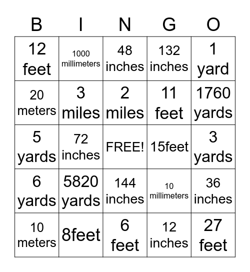 Linear Measurement Bingo Card