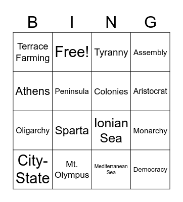 Greece Geography/Government Bingo Card