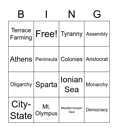 Greece Geography/Government Bingo Card