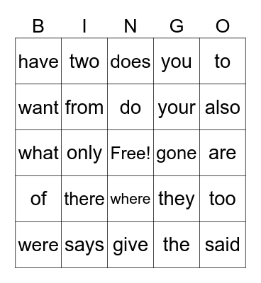 Red Word List 1 Bingo Card