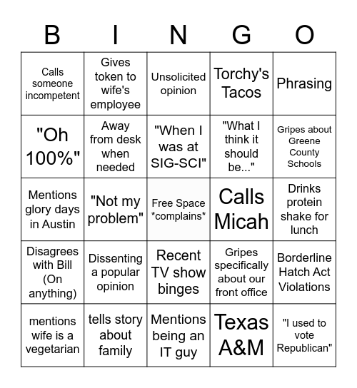 Jeff Bingo Card