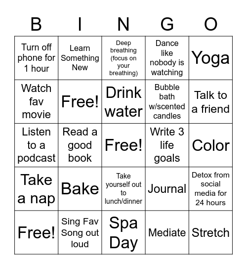 Self-Care Bingo Card