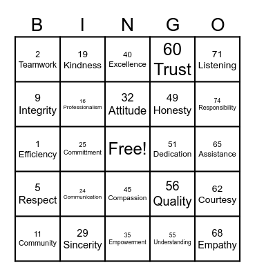 CORE VALUES BINGO Card