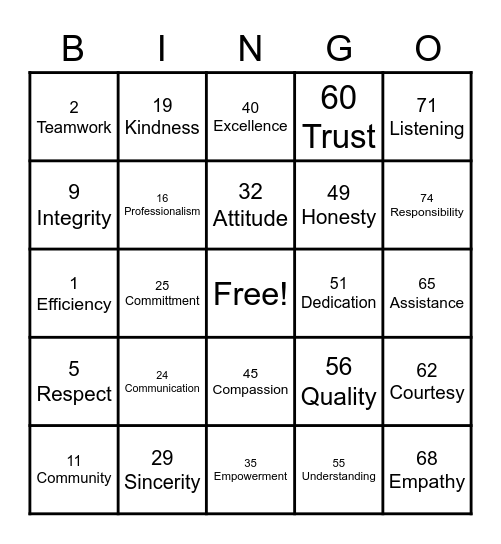 CORE VALUES BINGO Card