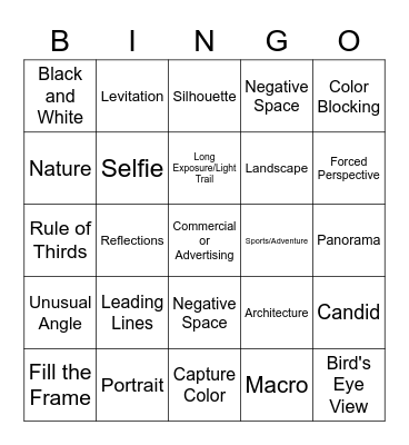 PHOTOGRAPHER BINGO Card