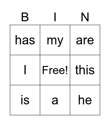 Sight Words Set 1 Bingo Card