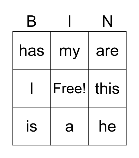 Sight Words Set 1 Bingo Card