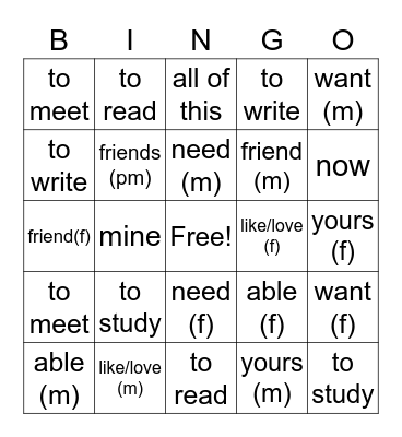 NL5 Verbs Bingo Card