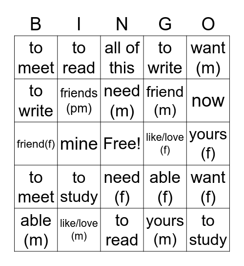 NL5 Verbs Bingo Card