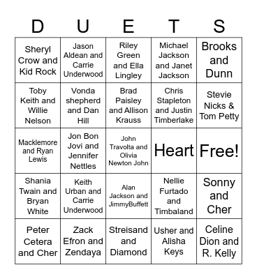 Duets, 2 is better than one Bingo Card