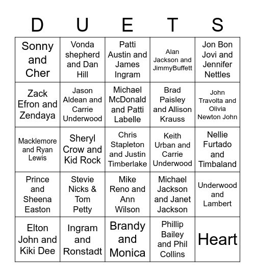 Duets, 2 is better than one Bingo Card