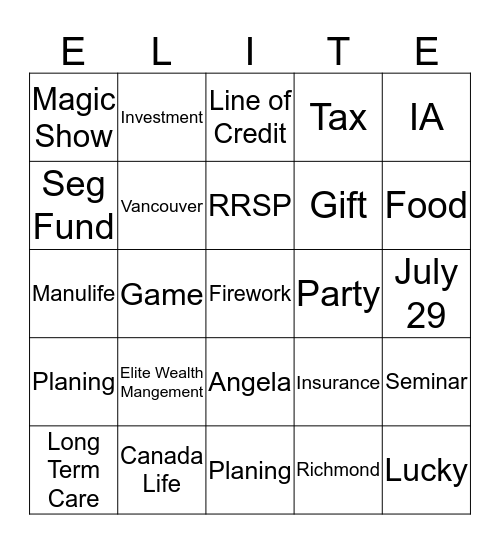 Elite Wealth Management Firework Event Bingo Card