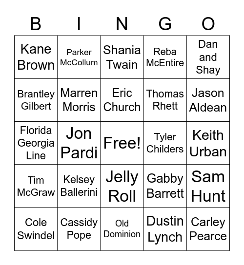 Not your dad's country artist Bingo Card