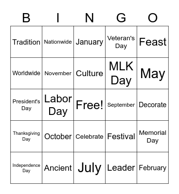 U1: Postal Holidays Review BINGO Card