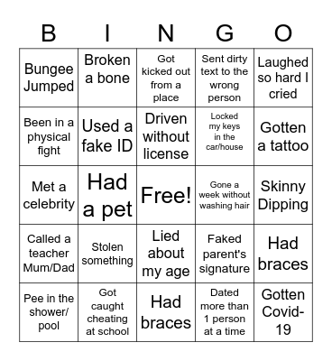 Never Have I Ever.... Bingo Card