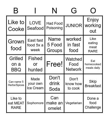 Get to Know you FOODS Bingo Card