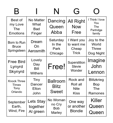 70's Music Bingo R1 Bingo Card