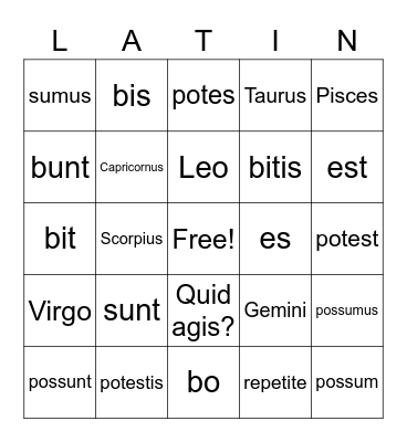 Prima Latina- Lesson 20 Bingo Card