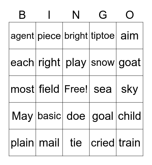 1st Grade Long vowels Bingo Card