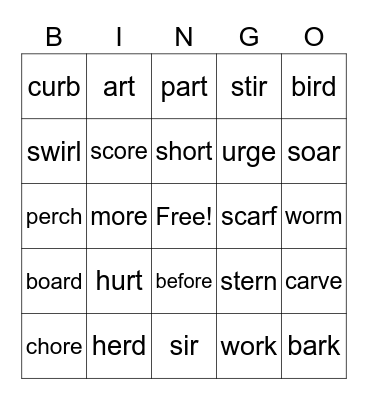 2nd grade 'r' controlled Bingo Card