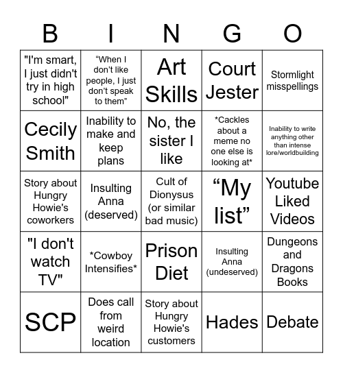 Schmidt Bingo Card