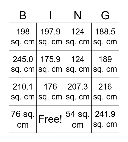 Lateral Surface Area Bingo Card