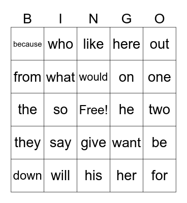 K-2 Sight Words Bingo Card
