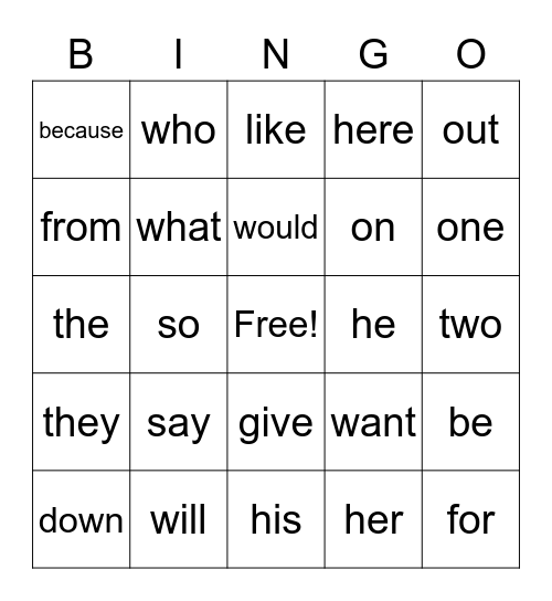 K-2 Sight Words Bingo Card