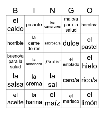 Spanish More food vocab Bingo Card