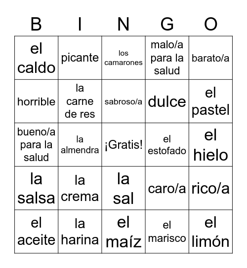 Spanish More food vocab Bingo Card