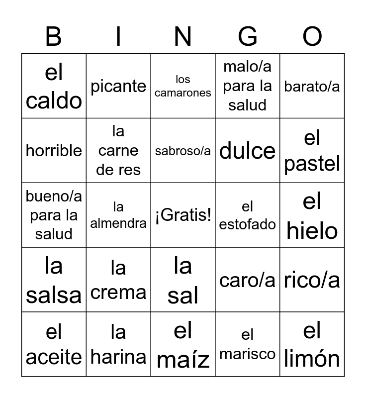 spanish-more-food-vocab-bingo-card