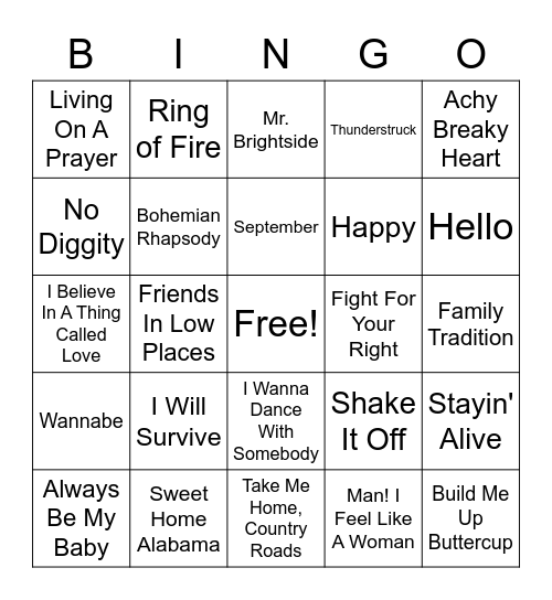 Sing Along Songs Bingo Card