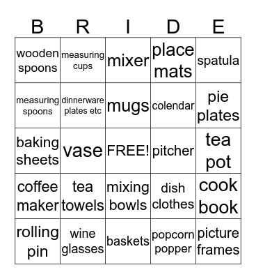 Bridal Shower Gift Bingo Card