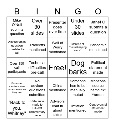 Advisor Call Bingo Card