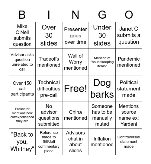 Advisor Call Bingo Card